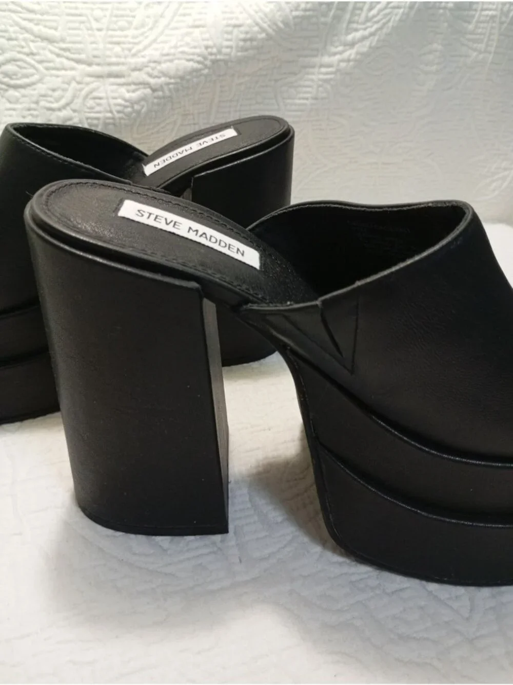 Steve Madden Womens Black Chunky Platform Open-Toe Leather Mules Size 9.5M